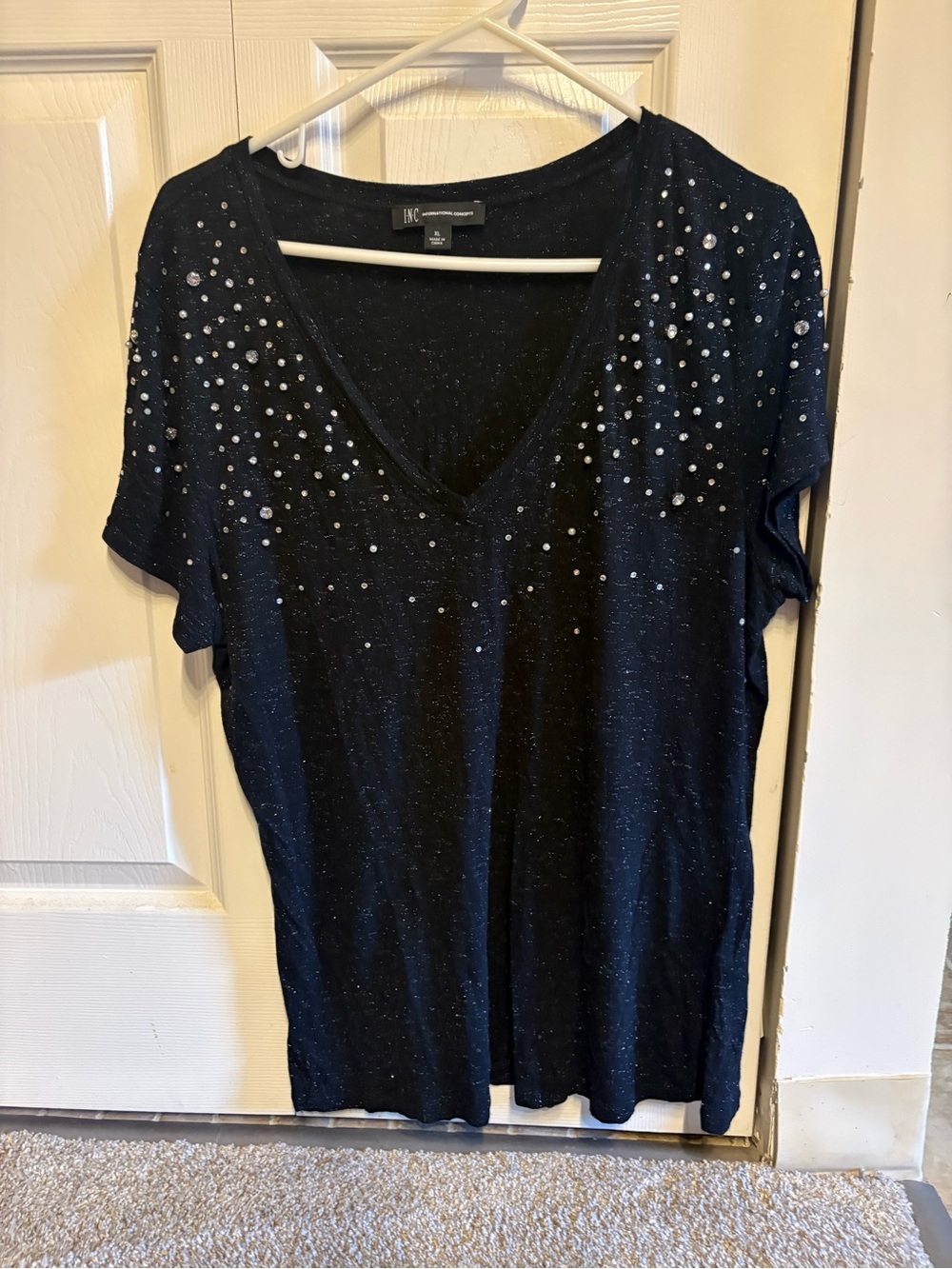 INC International Concepts Navy V-Neck Tee with Rhinestone Details